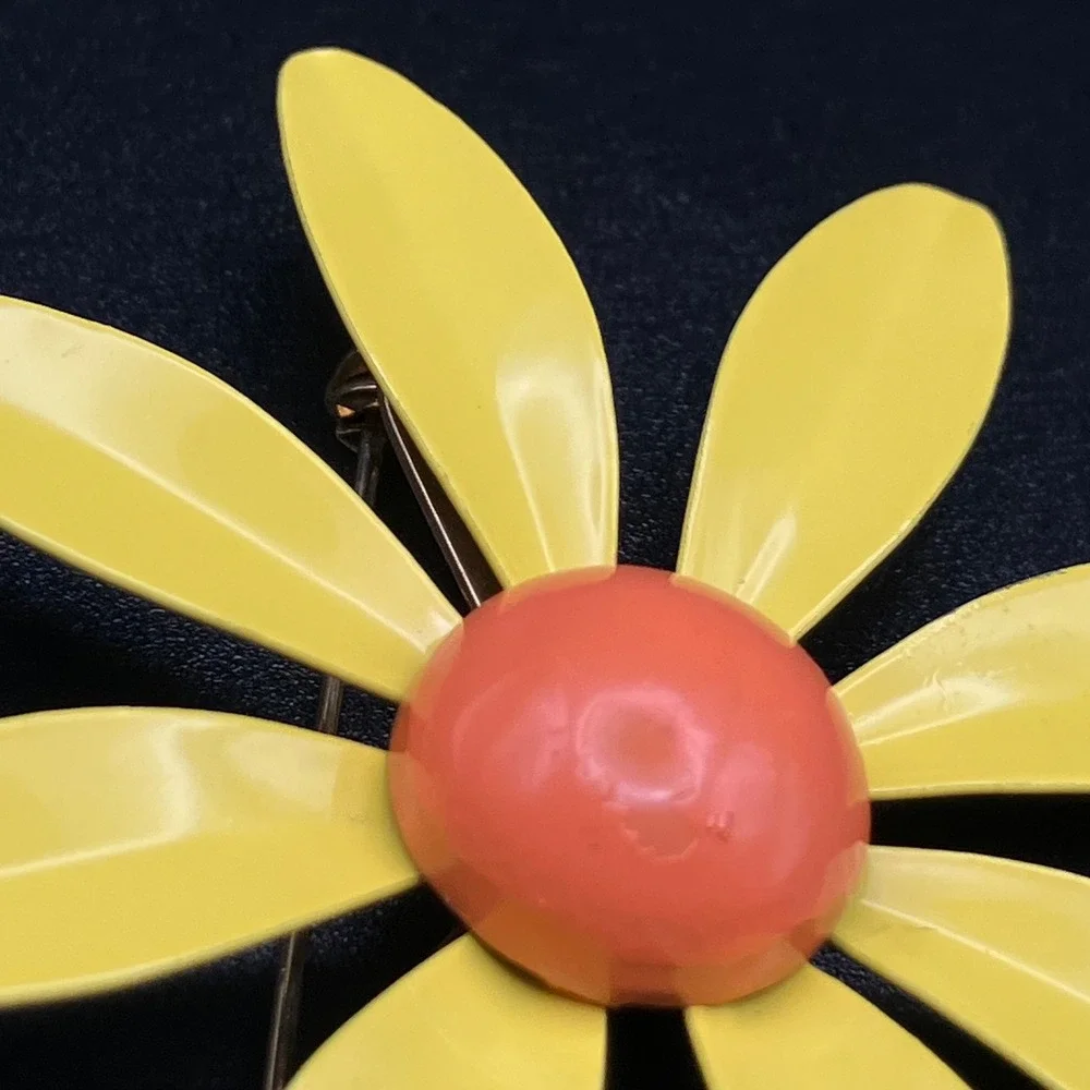 Vintage Enamel Daisy Flower Brooch Yellow Orange Large Mod Floral Pin 2.75in